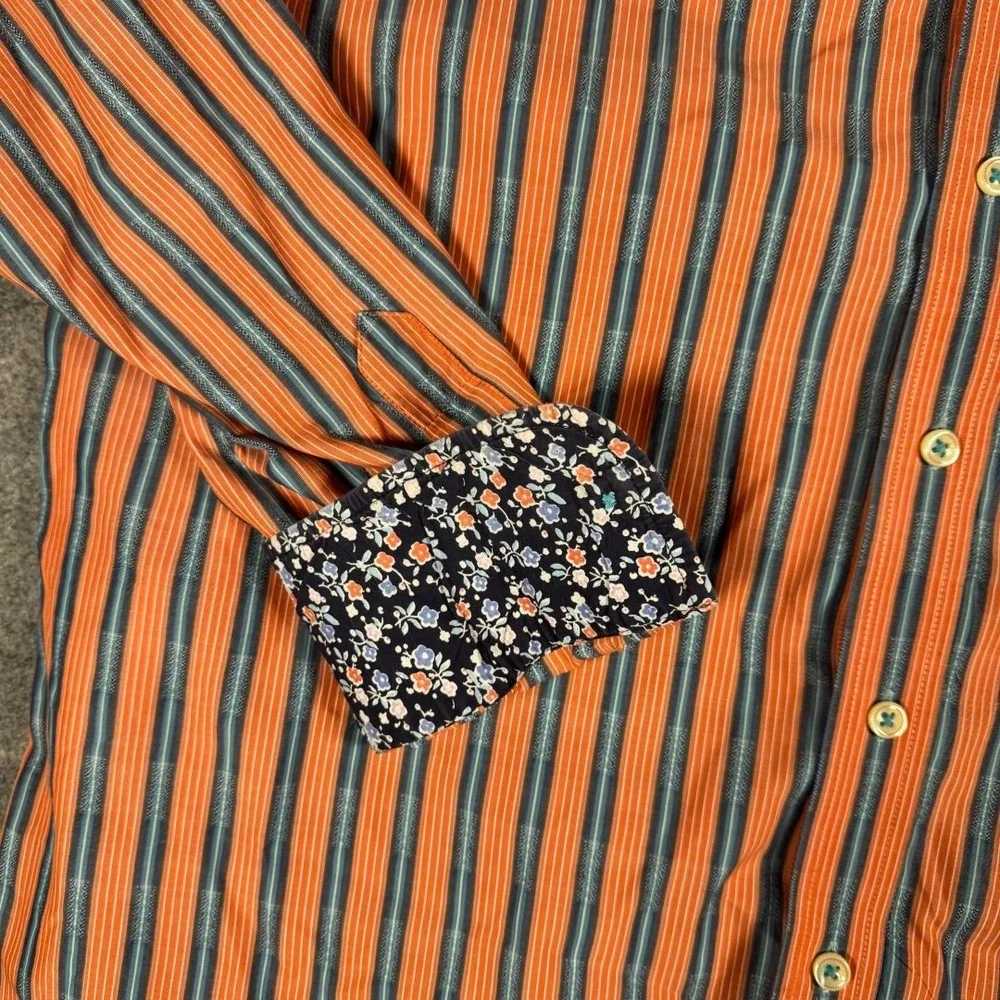 Robert Graham Mens XL Orange Blue‎ Striped Long Sleeve Button Down Floral Trim